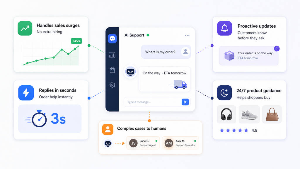 AI customer support dashboard showing instant replies, order tracking, proactive updates, product recommendations, sales growth, and seamless handoff to human agents.