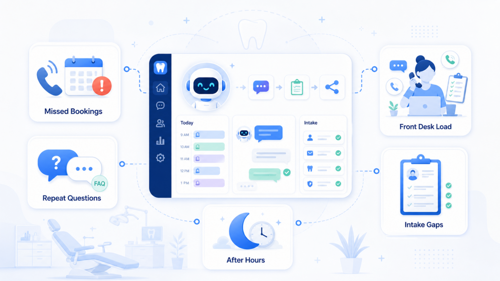 Dental AI dashboard showing how AI agents help clinics reduce missed bookings, handle repeat questions, support after-hours inquiries, reduce front-desk workload, and improve patient intake.