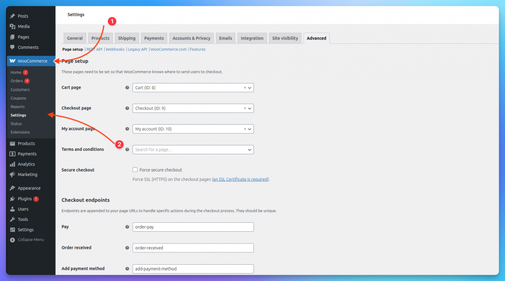 WooCommerce settings page in WordPress dashboard showing page setup options for cart, checkout, and account pages under the Advanced settings tab.