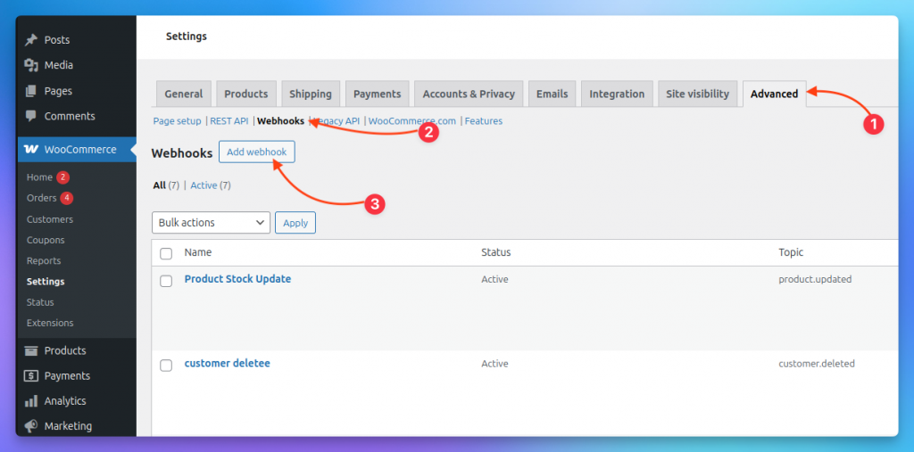 WooCommerce webhook settings page in WordPress dashboard showing the Advanced tab, Webhooks section, and Add Webhook button for creating new webhooks.