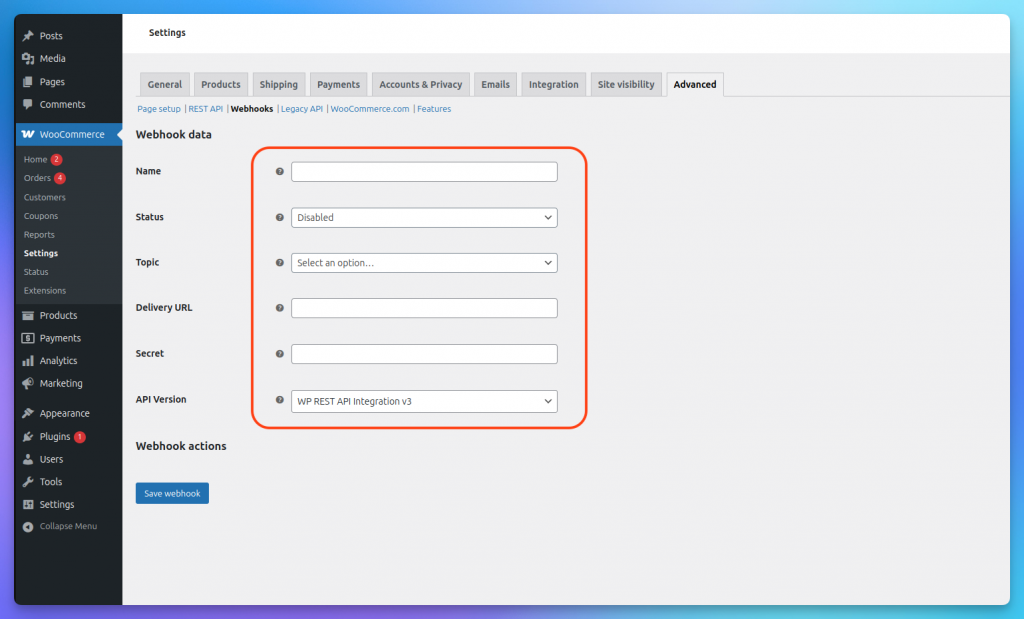 WooCommerce webhook configuration page in WordPress dashboard showing fields for webhook name, status, topic, delivery URL, secret key, and API version settings.