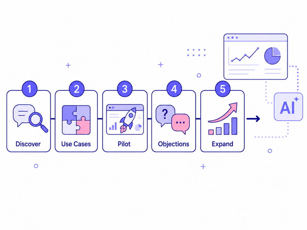 Five-step AI sales process flowchart showing Discover, Use Cases, Pilot, Objections, and Expand connected to AI dashboard elements.