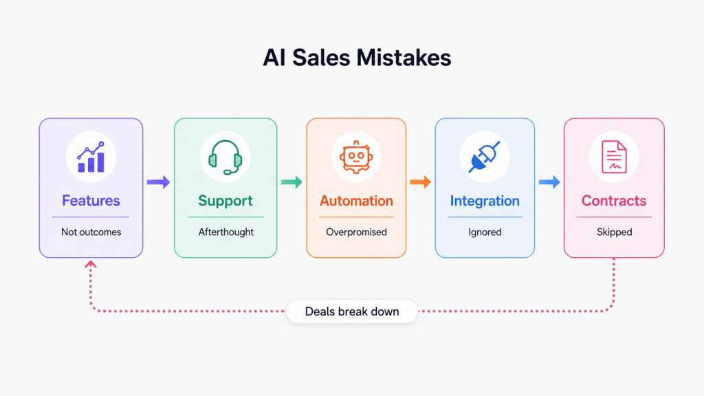 AI Sales Mistakes” showing five connected mistakes: Features, Support, Automation, Integration, and Contracts, with a loop labeled “Deals break down.