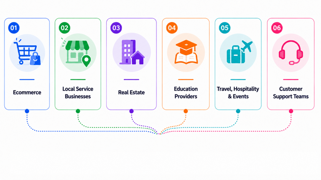 Messenger AI agent use cases for ecommerce, local services, real estate, education, travel and events, and customer support, all connected to a central chatbot.