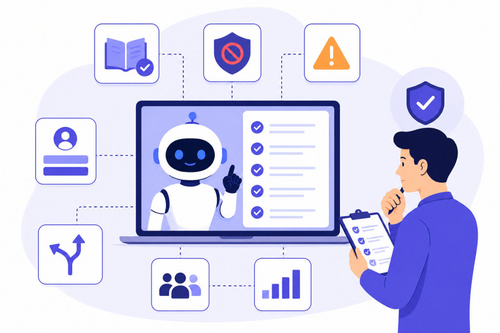 a gym AI agent launch review, showing a friendly robot on a laptop beside a checklist while a staff member reviews safety rules, approved topics, escalation triggers, routing, and performance settings.