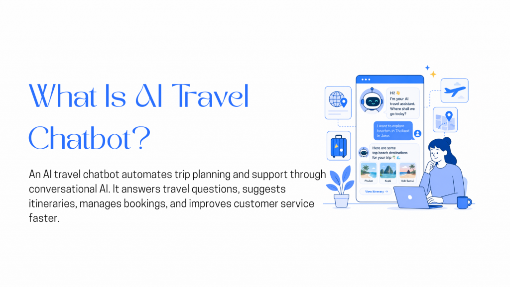 an AI travel chatbot helping a user plan a trip with destination cards and travel icons.
