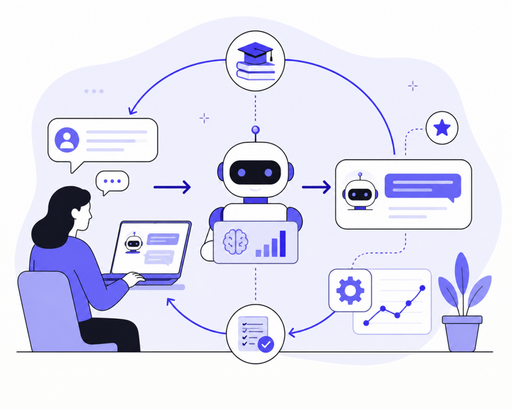 Learning agent improving chatbot responses through feedback loops and user interaction.