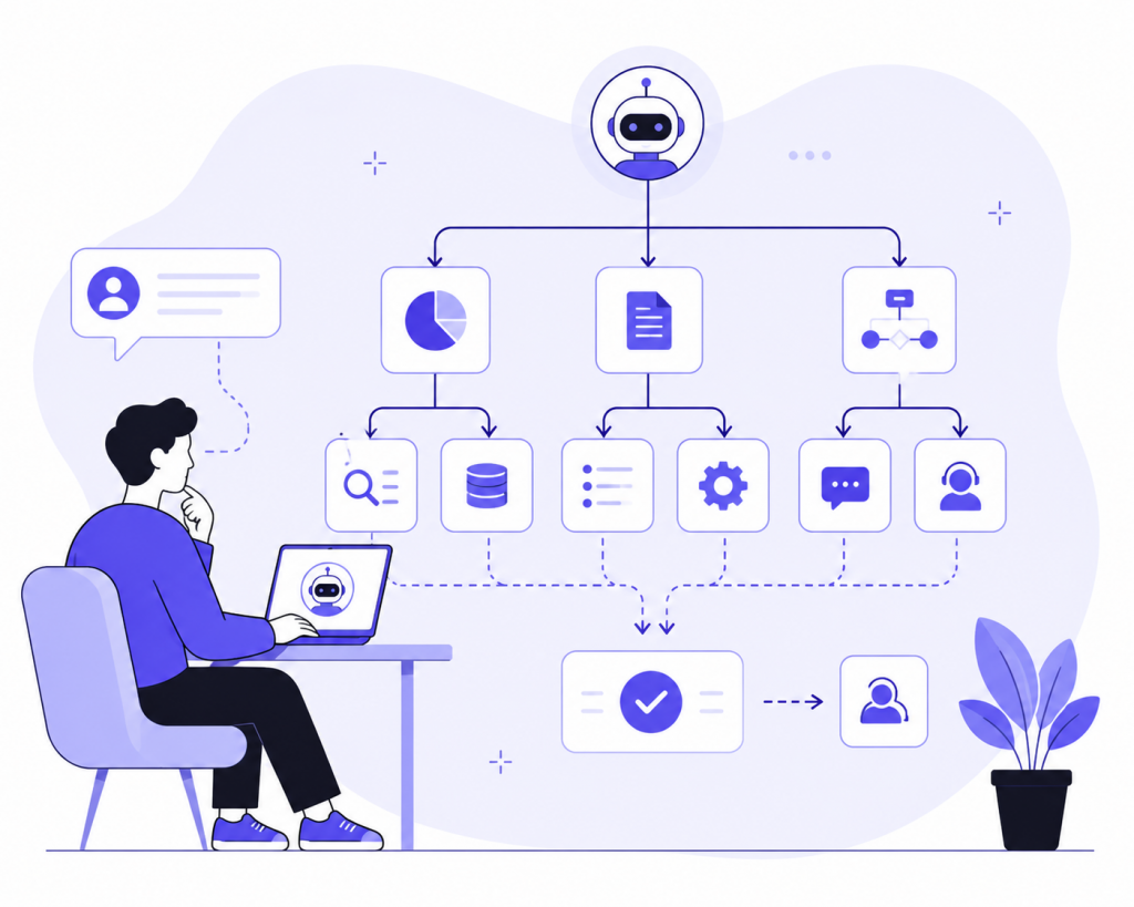 Hierarchical AI agent coordinating tasks across multiple connected workflow levels.