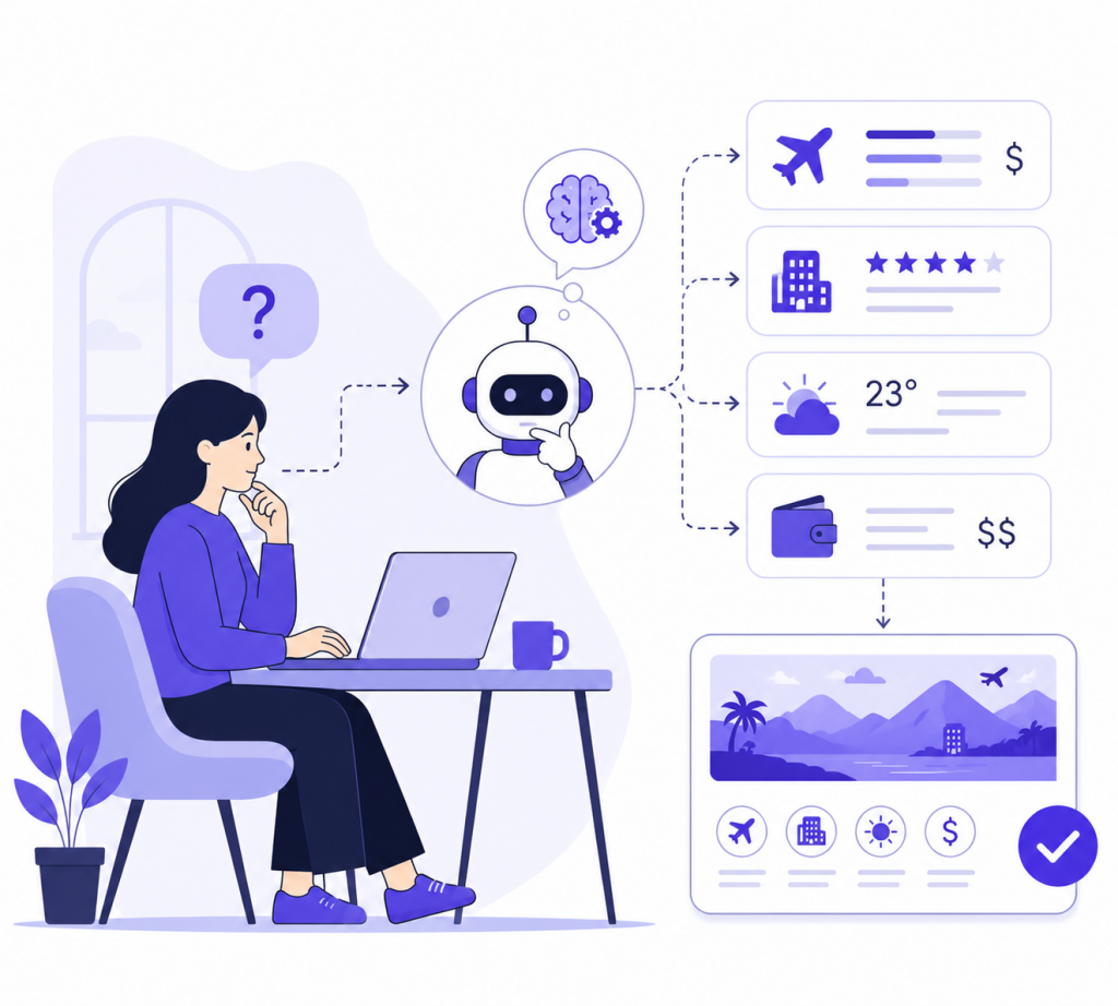 Reasoning AI agent analyzing inputs to recommend the best travel decision.