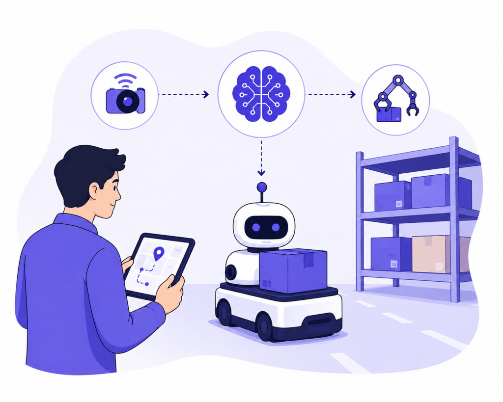 Embodied AI agent navigating and handling packages autonomously in a warehouse environment.
