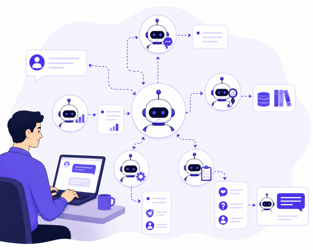 Swarm AI agents collaborating across a connected support workflow.