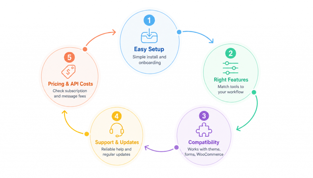 Five-step circular infographic showing criteria for choosing a WhatsApp plugin: Easy Setup, Right Features, Compatibility, Support & Updates, and Pricing & API Costs. Each step appears in a pastel circle with a matching icon and curved arrows connecting the steps in a loop.