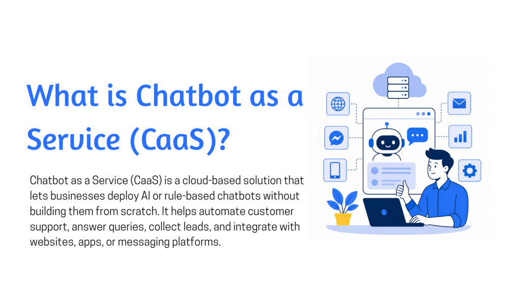 Chatbot as a Service (CaaS) with blue heading text, a short definition, and a person using a laptop beside a chatbot interface connected to cloud, messaging, analytics, mobile, and automation icons.