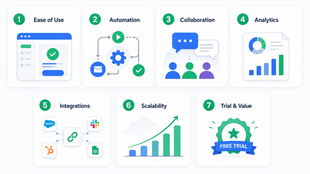 Seven-card infographic highlighting key factors for choosing customer service email management software: ease of use, automation, collaboration, analytics, integrations, scalability, and trial value.
