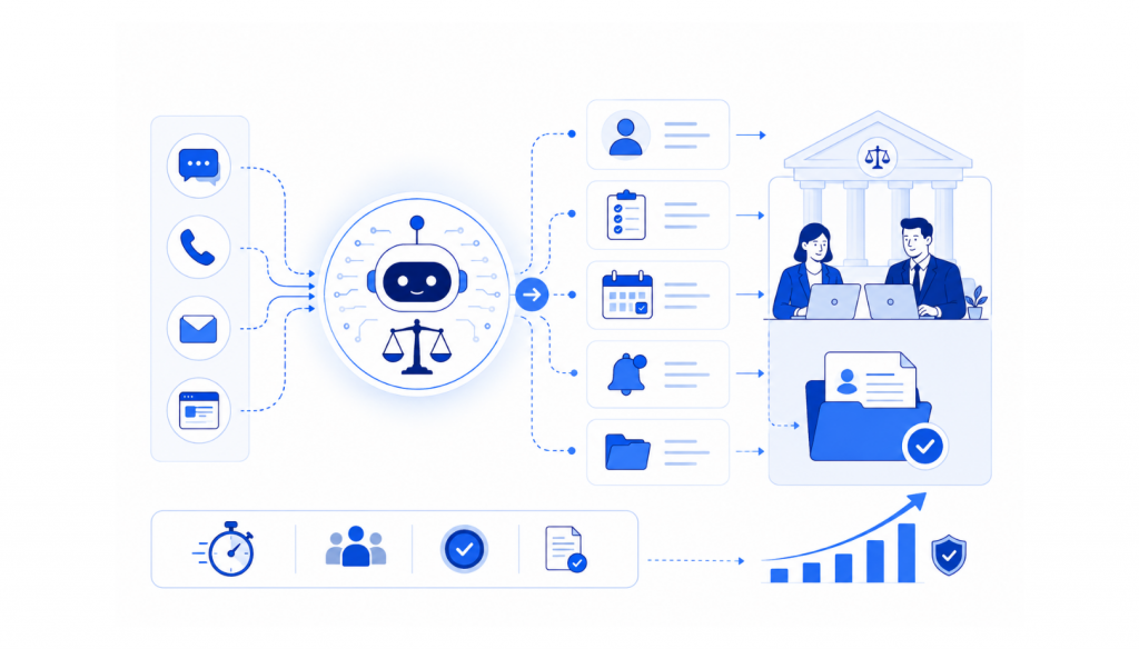 AI-powered legal workflow connecting client messages, tasks, calendars, alerts, and documents to law firm case management and ROI tracking.