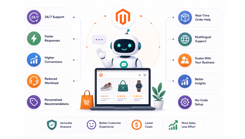 AI-powered Magento assistant helping customers with support, product recommendations, order tracking, and multilingual assistance.