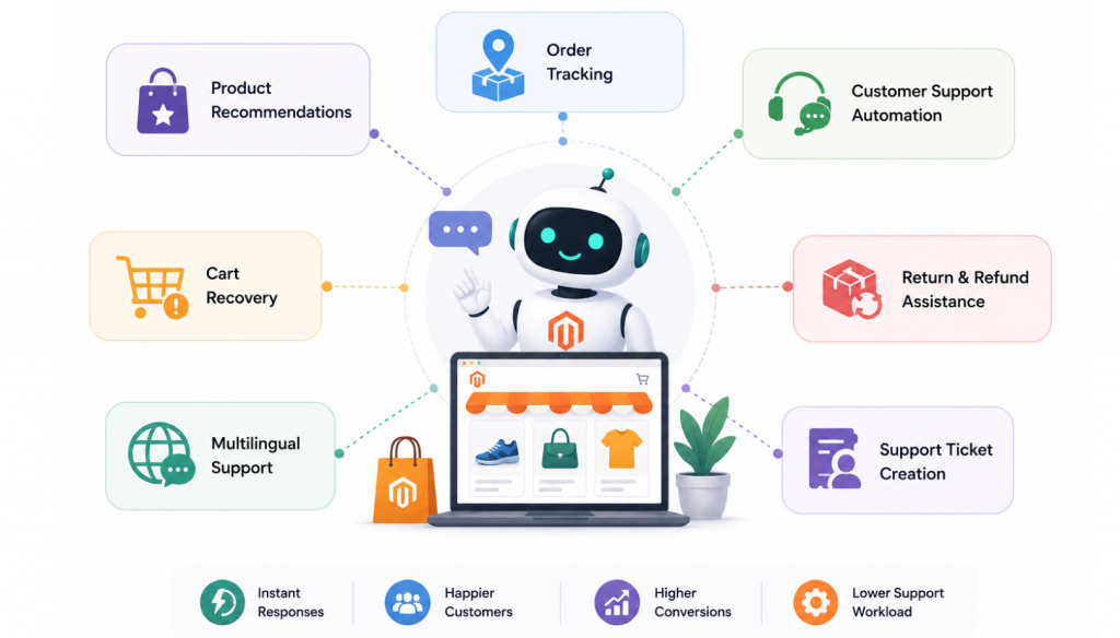 Magento AI agent assisting customers with product recommendations, order tracking, cart recovery, multilingual support, returns, and automated customer service.