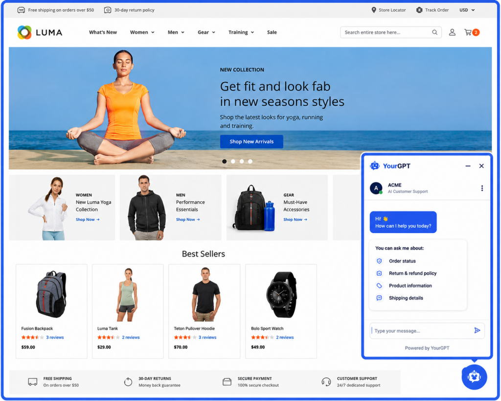 Magento Luma storefront with a YourGPT chatbot widget.
