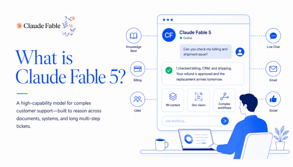 Claude Fable 5 as an AI model for complex customer support, showing a support dashboard connected to billing, CRM, knowledge base, live chat, email, and social channels.