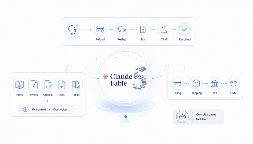 Minimal Claude Fable 5 workflow diagram showing complex support resolution across refund, reship, tax, CRM, documents, invoices, PDFs, tables, 1M context, and document vision.