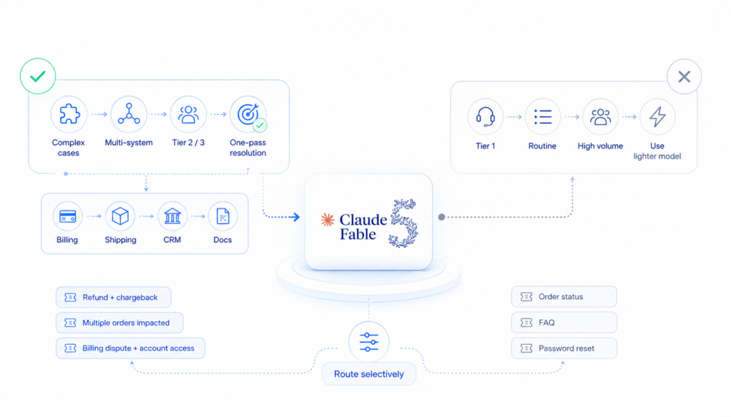 Claude Fable 5 routed selectively to complex Tier 2 and Tier 3 support tickets across billing, shipping, CRM, and documents, while routine Tier 1 queries use a lighter model.