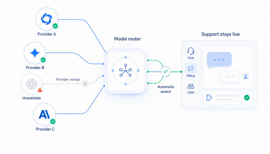 a model router automatically switching from an unavailable AI provider to available providers so customer support stays live across chat, billing, and CRM channels.