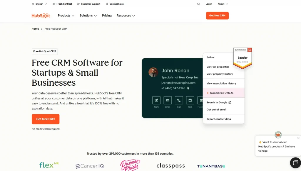 HubSpot free CRM homepage