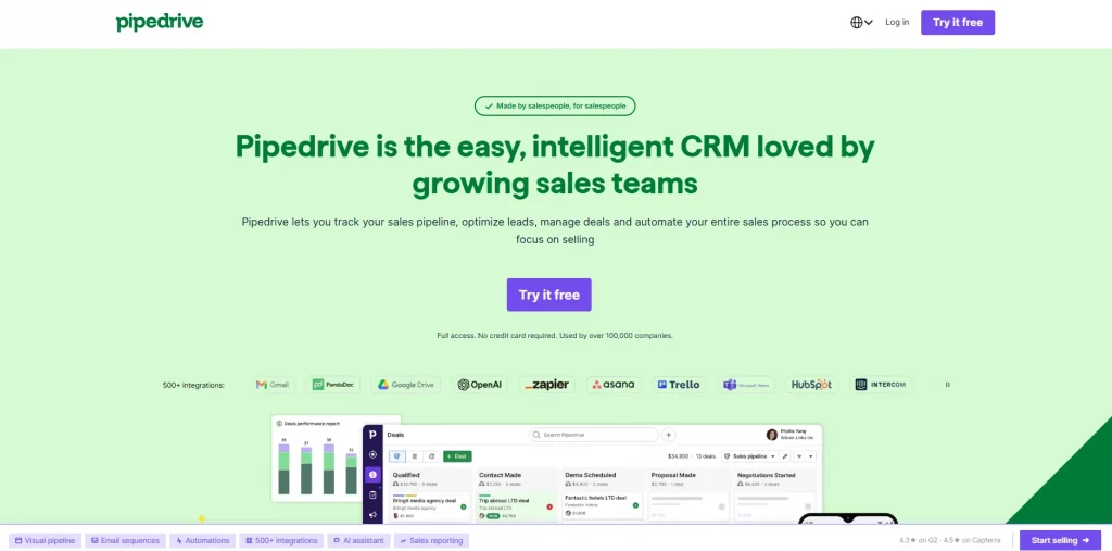 Pipedrive CRM homepage 