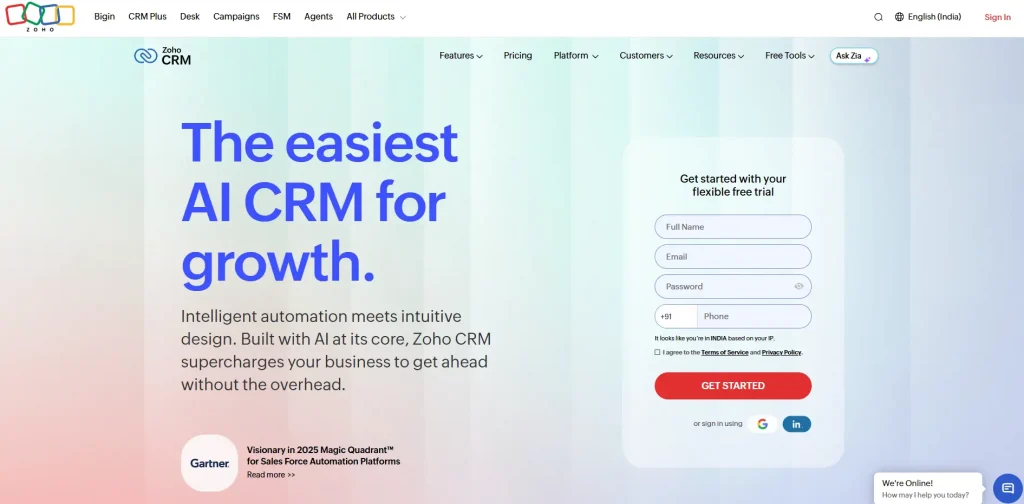Zoho CRM homepage 