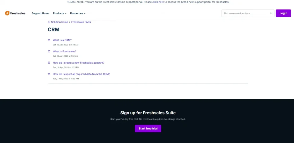 Freshsales CRM support page 