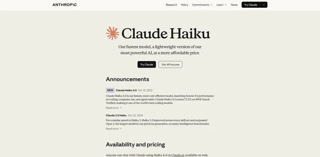 Claude Haiku 4.5 AI model overview page.