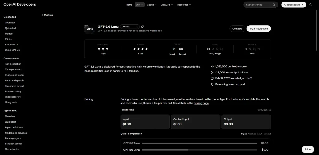 GPT-5.6 Luna model overview and pricing.