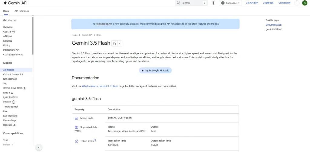 Gemini 3.5 Flash model documentation.