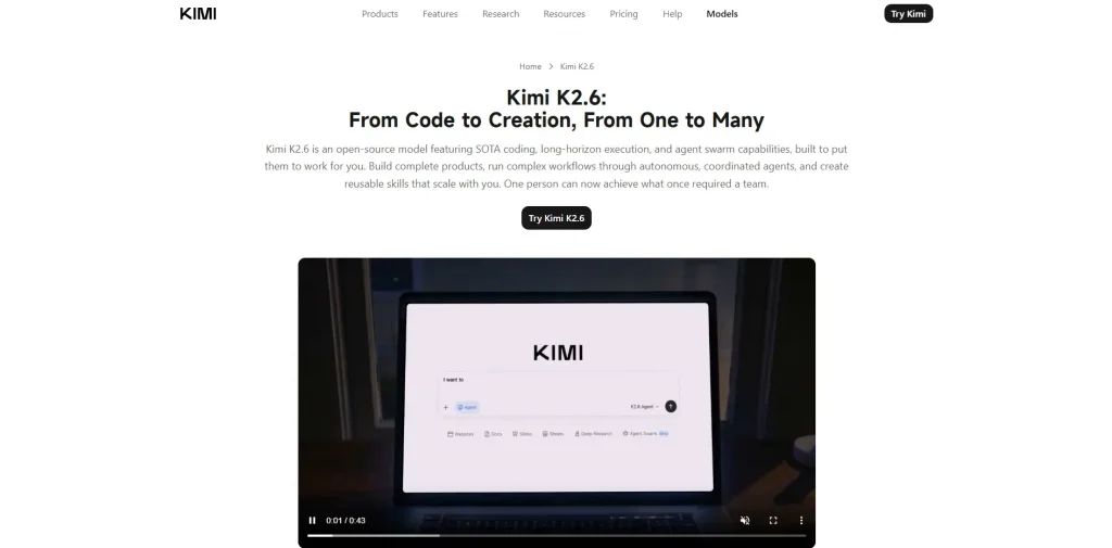 Kimi K2.6 AI model overview page.