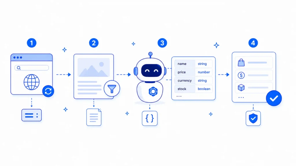 Four-step AI web scraping workflow from website extraction to structured, validated data output.