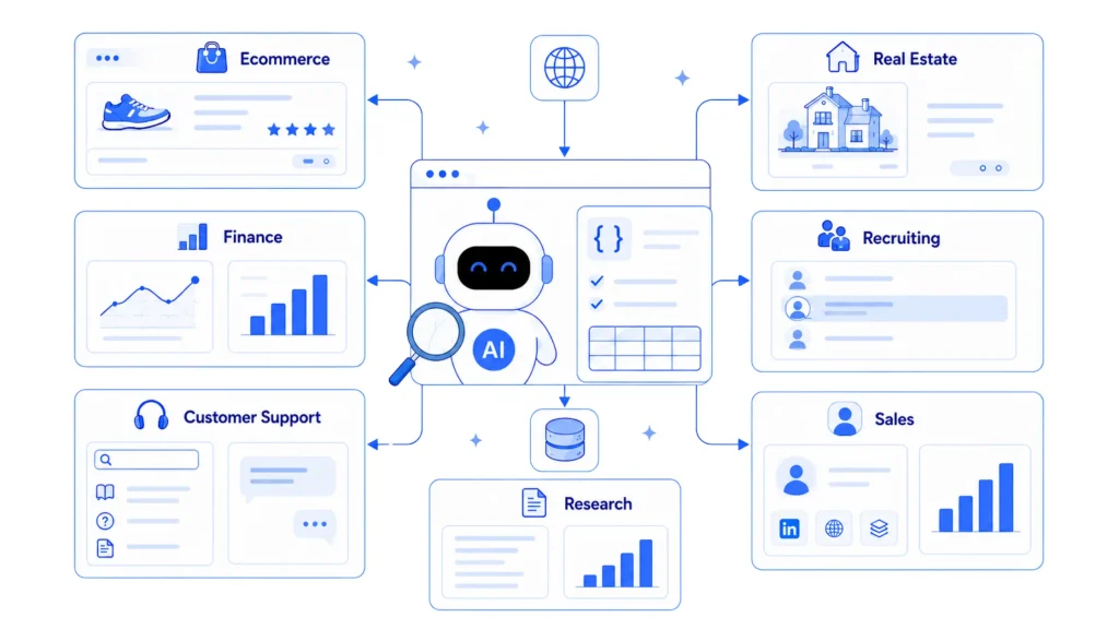 AI web scraping use cases across ecommerce, finance, customer support, research, recruiting, real estate, and sales.
