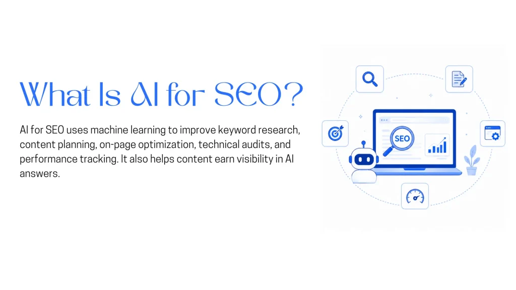 AI tools helping a marketer research, create, and optimize SEO content.