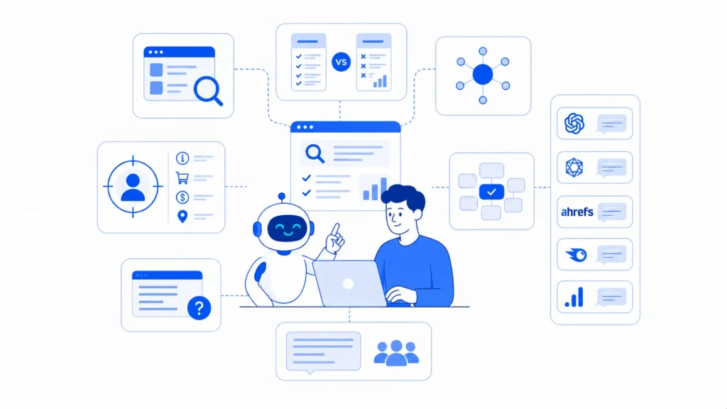 AI tools helping a marketer research, create, and optimize SEO content.