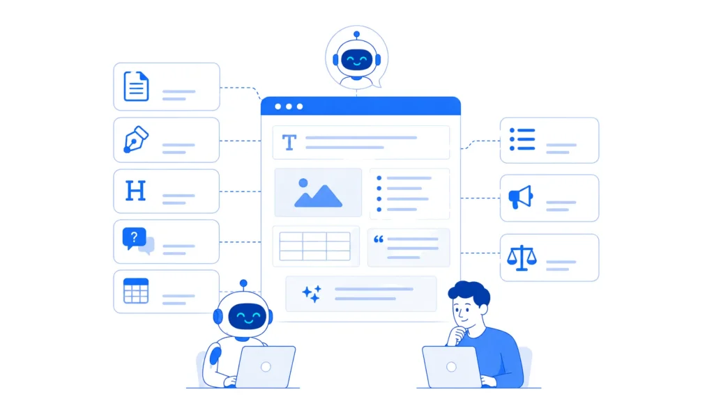 AI and marketer organizing an SEO content outline and page structure.