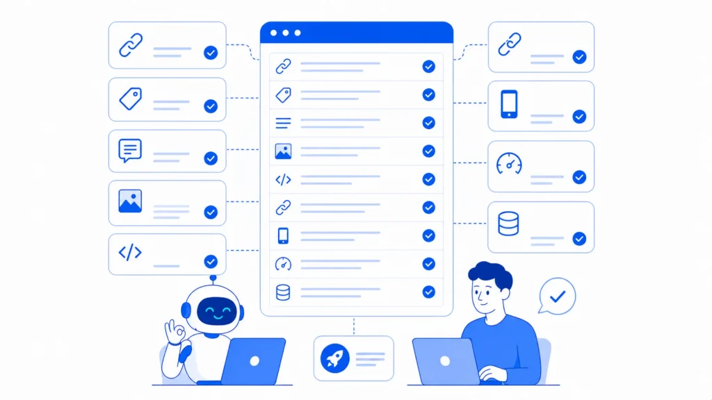 AI and marketer checking links, media, speed, and technical SEO.