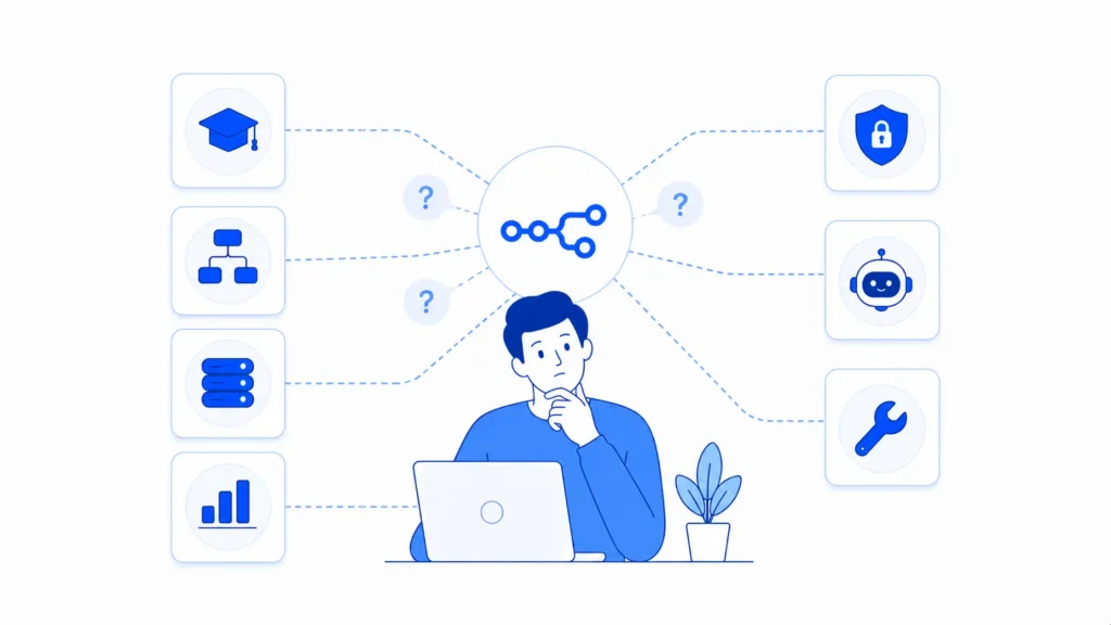 Developer evaluating AI workflow complexity, security, infrastructure, scalability, and maintenance challenges.
