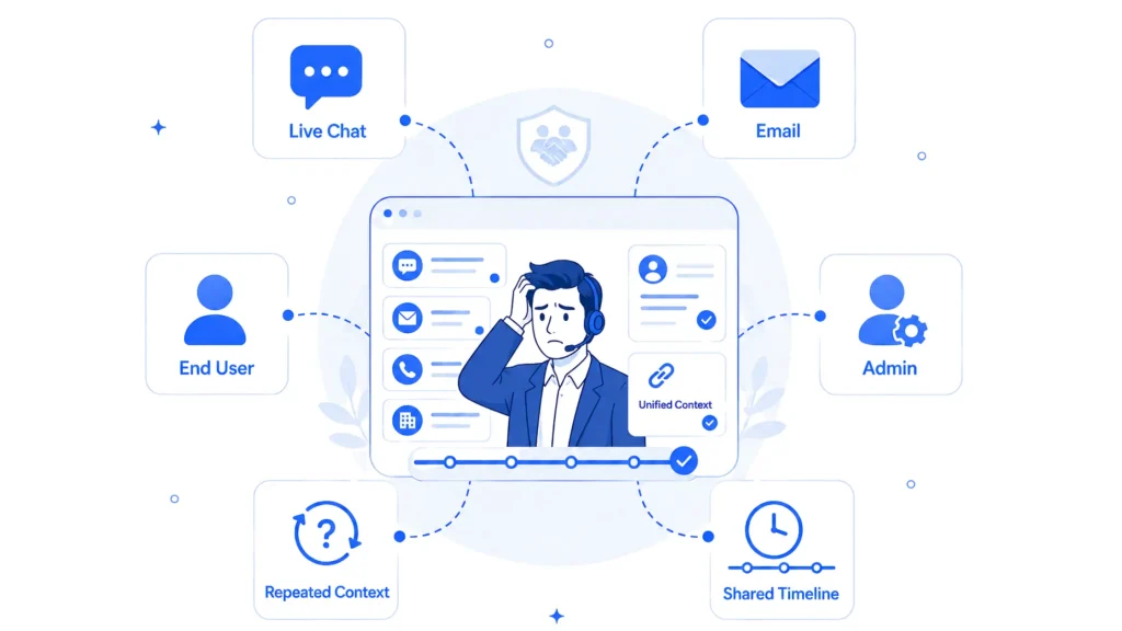B2B support across multiple channels highlighting fragmented communication, repeated context, and the need for a unified customer view.