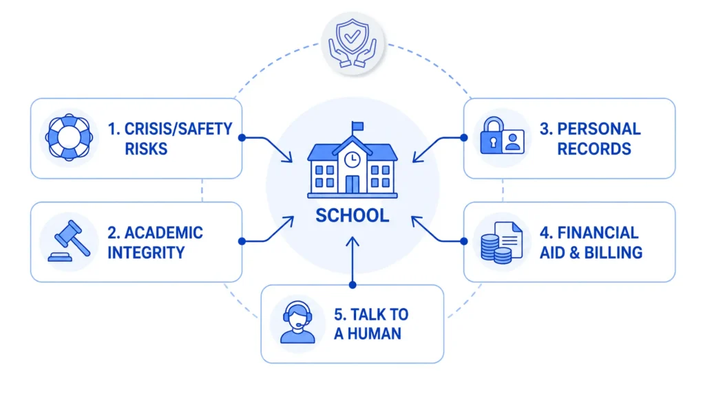 School AI chatbot safety guidelines covering crisis response, academic integrity, personal records, financial aid, and human support escalation.