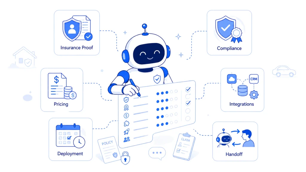 Diagram highlighting key evaluation factors for insurance AI platforms, including compliance, pricing, integrations, deployment, insurance expertise, and human handoff.