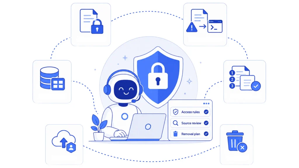 AI chatbot with security shield, access controls, data governance, source review, and compliance safeguards for enterprise AI systems.
