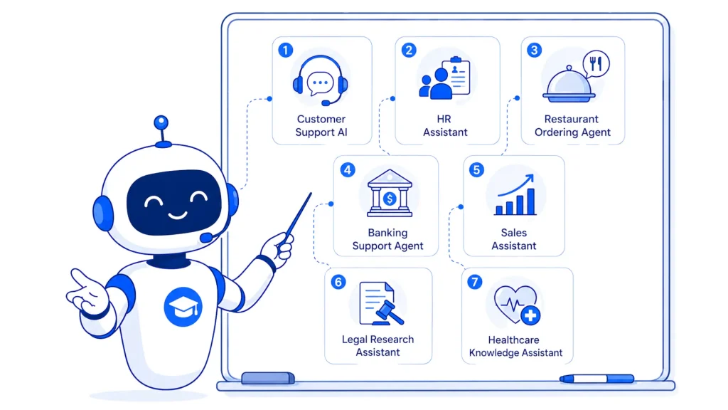 Robot presenting real-world AI agent use cases, including customer support, HR, restaurant ordering, banking, sales, legal research, and healthcare assistance.