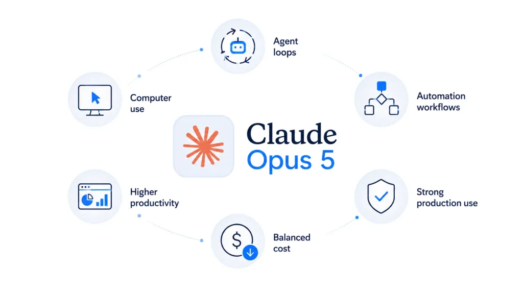 Claude Opus 5 overview showing agent loops, automation workflows, productivity gains, balanced cost, and production readiness.