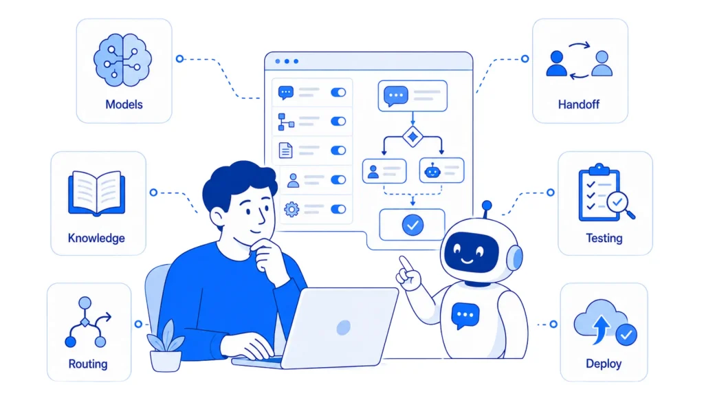 Workflow diagram showing models, knowledge, routing, testing, deployment, and human handoff for AI support bots.