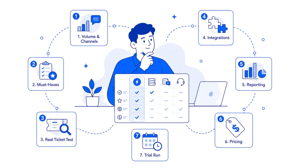 Illustration showing seven factors for choosing a ticketing system, including channels, features, testing, integrations, reporting, pricing, and trial evaluation.