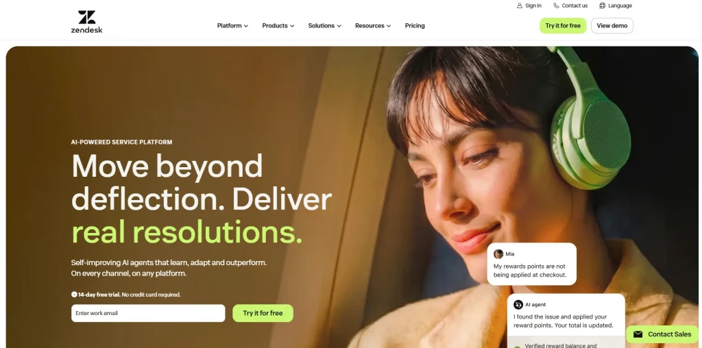 Home Page of Zendesk